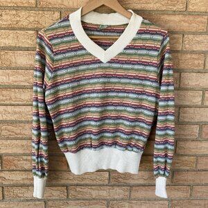 70s cream rainbow knit striped v-neck sweater size Large Wrangler grunge western